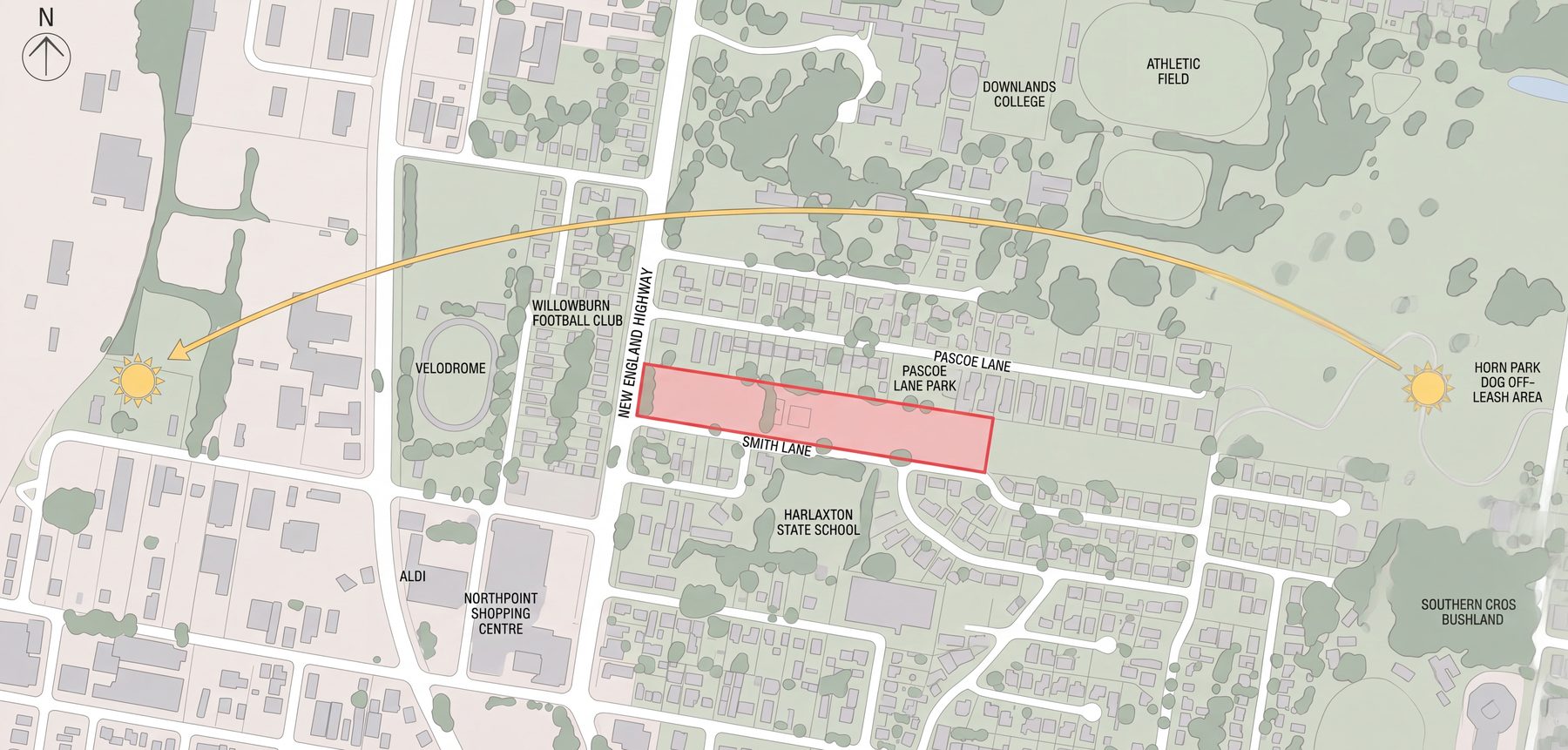Site analysis diagram showing schools, parks and walking links