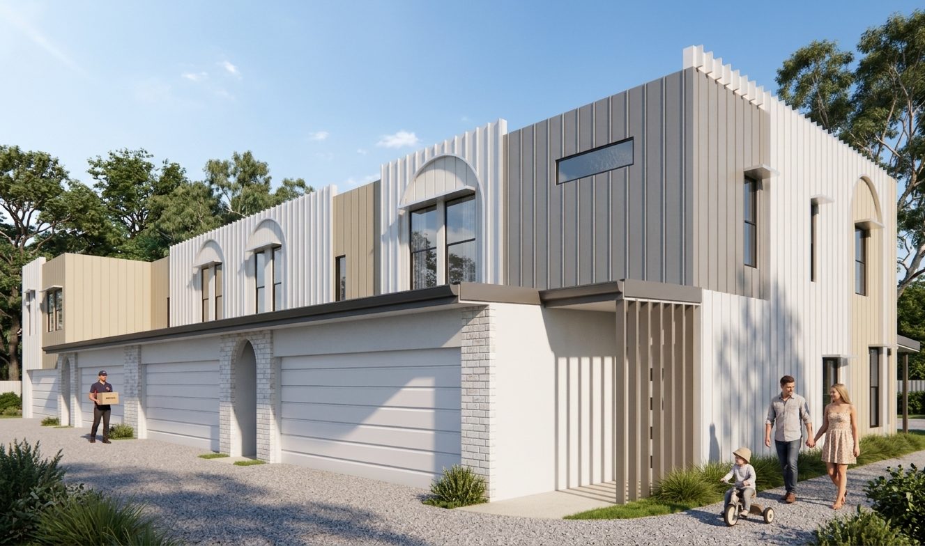 Type B townhouses, street view render